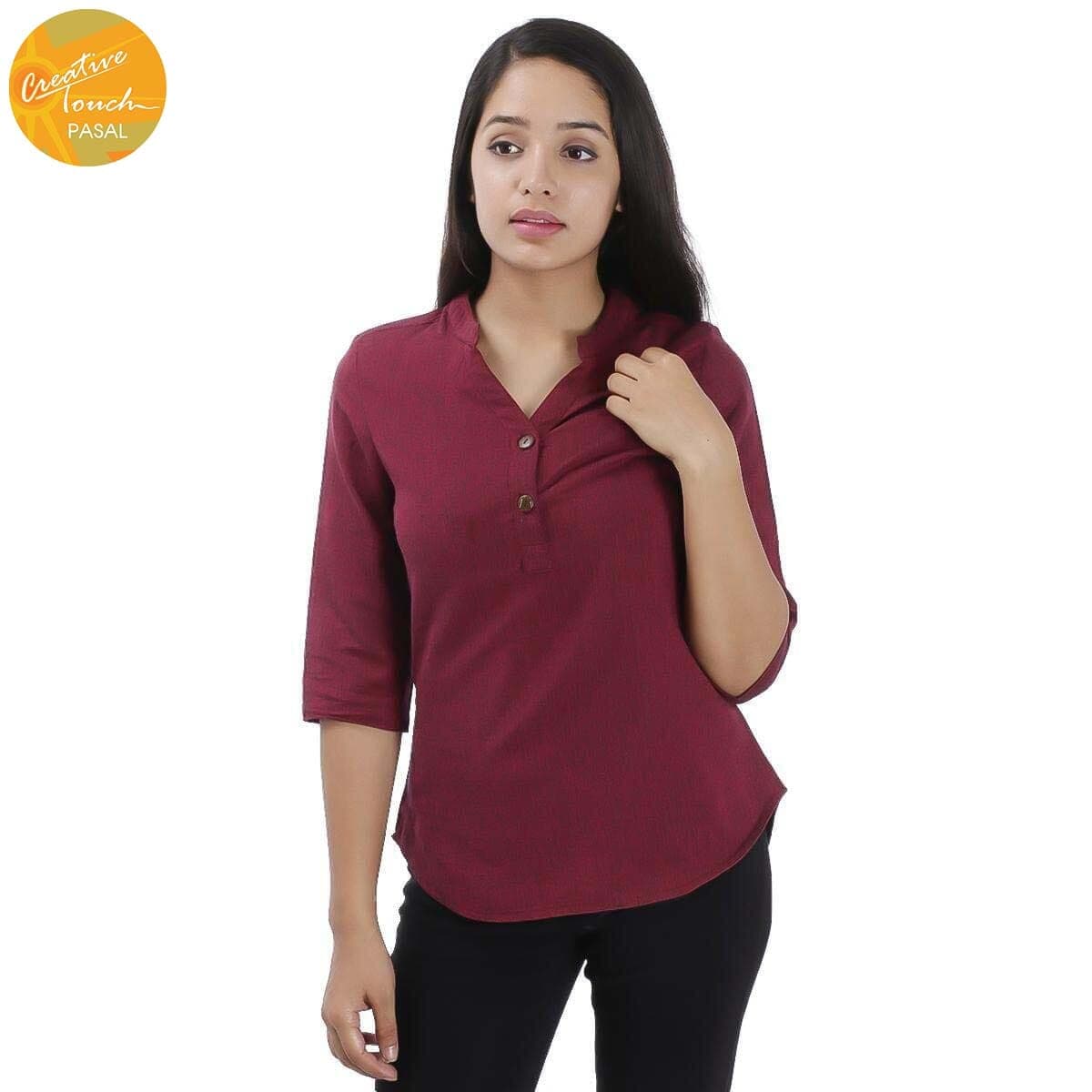 Creative Touch Maroon Front Buttoned Cotton Kurta Shirt